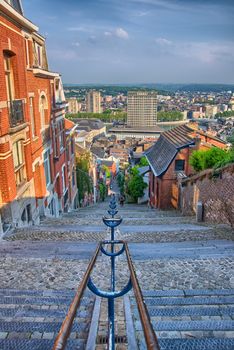 View over montagne de beuren stairway with red brick houses in Liege, Belgium, Benelux, HDR