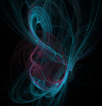 Fractal abstraction. A glowing center around which spirals and waves. Blue and Crimson, black background