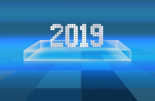 3D floor with transparent box on grid surfaces with 2019 text on it, high-tech and modern 3d Space