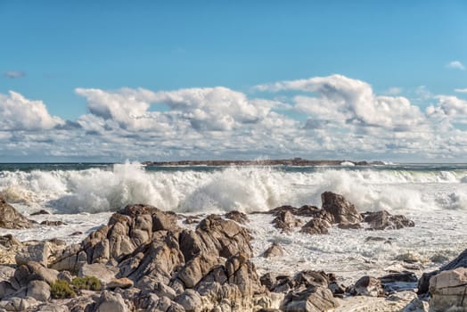 A view of the Atlantic Ocean at Tsaarsbank in Postberg near Langebaan in the Western Cape Province of South Africa. Vondeling Islaind is visible in the back