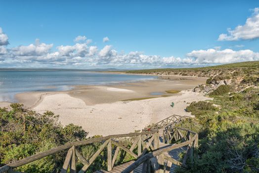 Stairs leading down to the Preekstel (pulpit) beach at the Langebaan Lagoon on the Atlantic Ocean coast in the Western Cape Province