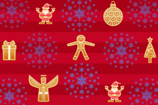Christmas gingerbread design pattern on a red striped background with snowflake stars great as background or santa claus wrapping gift paper