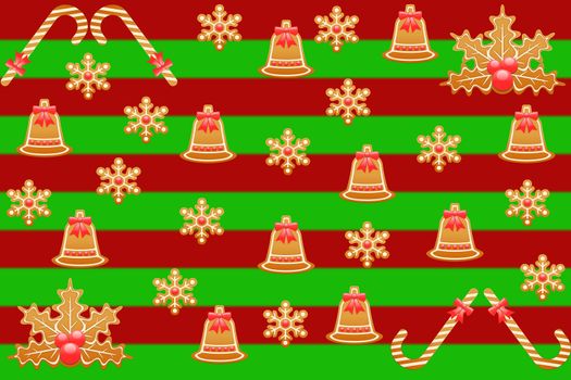Merry christmas a red and green striped background with gingerbread cookies pattern great as santa claus gift wrapping paper