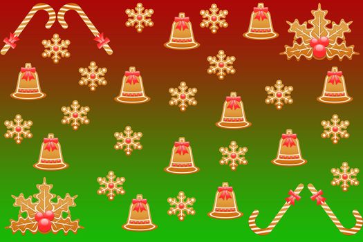 Merry christmas santa claus present wrapping paper gingerbread design pattern on a gradient green and red background