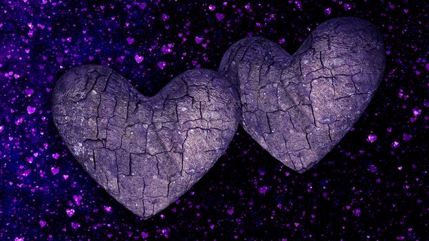 Two Heart Shaped Rocks over a dark background with hearts - 3D rendering