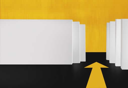 3D White Boards  With Yellow Arrow on Ground, 3D illustration, 3D Render