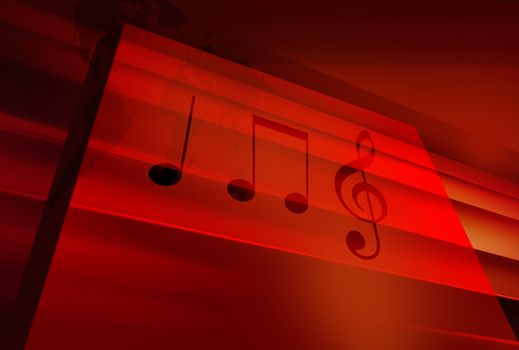 Abstract background with musical notes on red 3d box, graphical red theme background. 