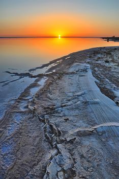 Beautiful sunrise on salt lake Chott el Djerid, Sahara desert, Tunisia, Africa, HDR