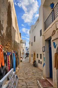 Narrow street of ancient Medina in Hammamet, Tunisia, Mediterranean Sea, Africa, HDR