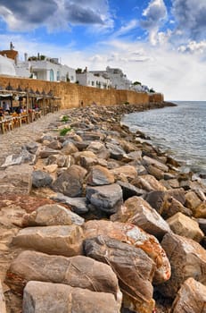 Stones on the beach of ancient Medina, Hammamet, Tunisia, Mediterranean Sea, Africa, HDR