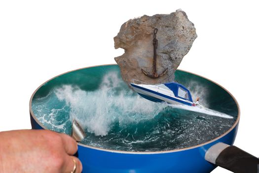 Storm in the frying pan. Composing, in the frying pan a sports boat at stormy sea and rocks with an anchor.
