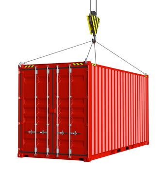 Service delivery - red cargo container hoisted by hook. 3D rendering