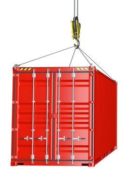 Service delivery - red cargo container hoisted by hook. 3D rendering