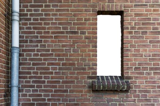 stone brick wall with a cut out open empty window isolated with white texture background