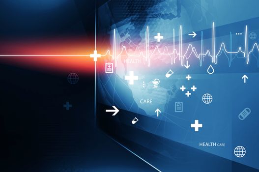 Big Flat Screen With Health Symbols and Heartbeat Diagram, Suitable for Health care and Medical News Topic. 3d Illustration