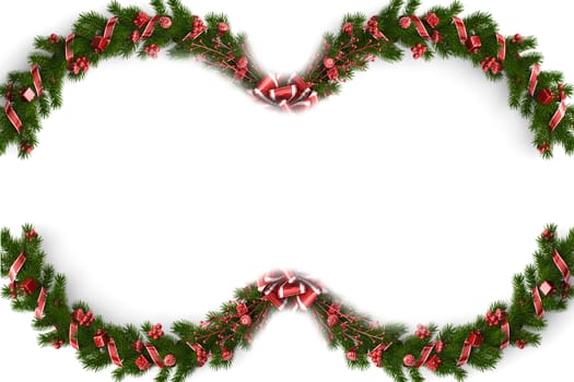 Christmas tree branches with red berry decoration on white background