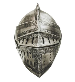 Isolated Authentic Knight's Armour Helmet With Shallow Depth of Focus And A White Background