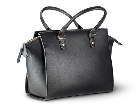 Elegant black leather ladies handbag isolated on white background