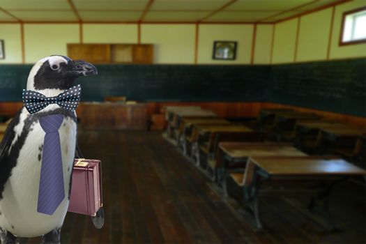 Funny dressed up penguin teacher with suitcase standing in a empty school classroom