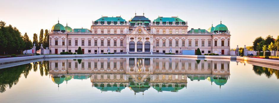 Belvedere in Vienna water reflection view at sunset, landmark of  capital of Austria