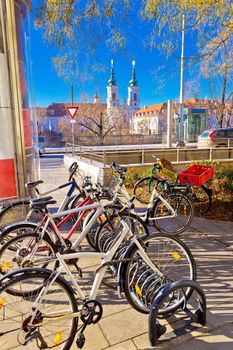 City of Graz bicycles by the Mur river colorful view, Steiermark region of Austria