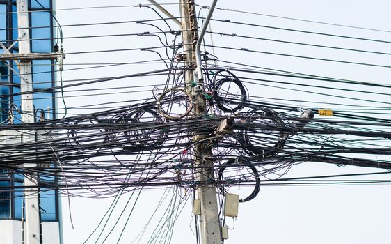 Electric pole with wires tangle