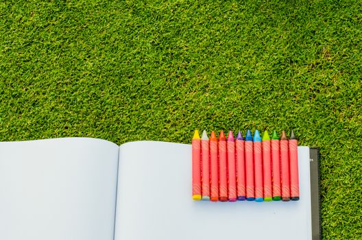 wax crayons and sketchbook on fresh spring green grass