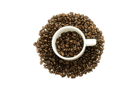 coffee cup with coffee beans, isolated on white background