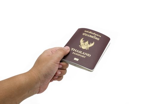 A hand holding a thailand Passport, isolated on white