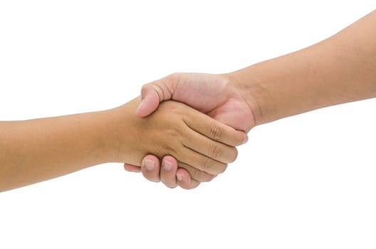 Shaking hands of two male people, isolated on white