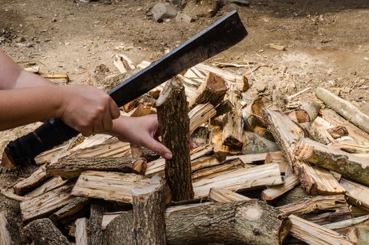 Holding a knife to cut firewood