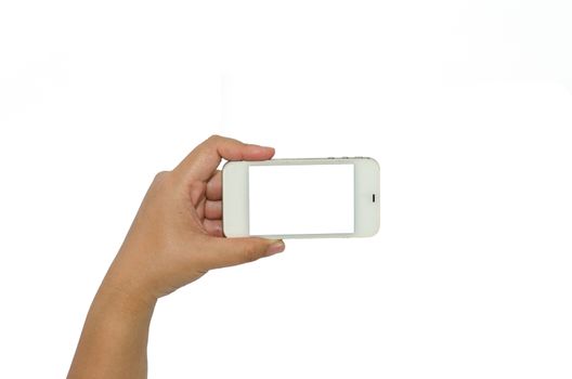 Hand holding smart phone isolated on white background