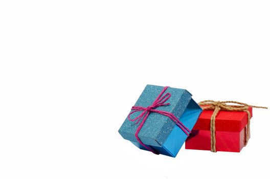 Red and blue  gift box on white background.