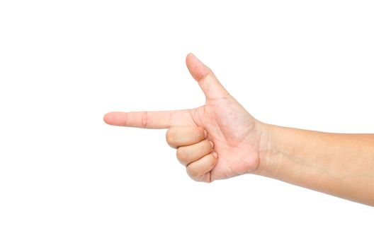 Pointing hand shooting ,aiming,isolated on a white background