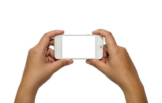 Hand holding smart phone isolated on white background