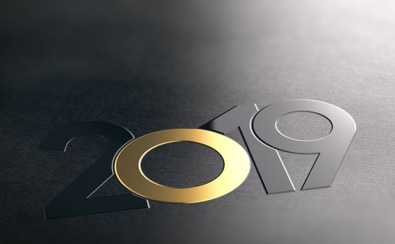 Year 2019 written with black and golden numbers over dark background. New year graphic design. 3D illustration