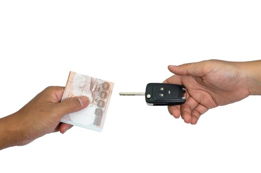 Hand with money and car keys, isolated on white background