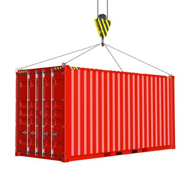Service delivery - red cargo container hoisted by hook. 3D rendering