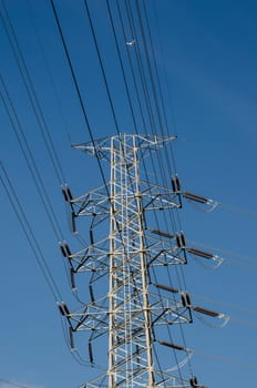 high voltage post.High-voltage tower sky background.