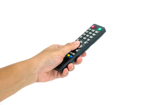 hand with remote control on white background
