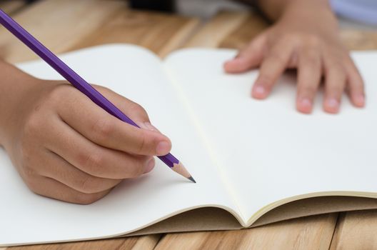 Hand writing in open notebook on table