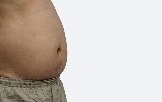 Fat man with big belly on white background