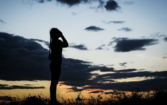 Shadow of a girl showing signs glad to see the sun, sky, nature