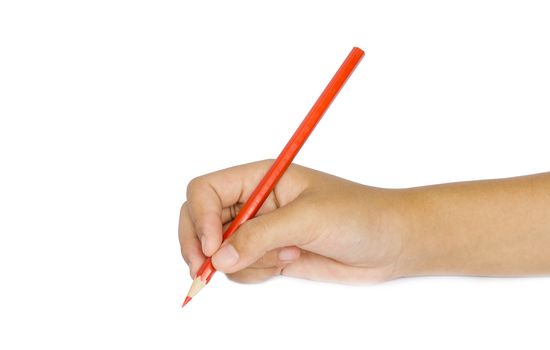 Woman hand with color pencil on a white background