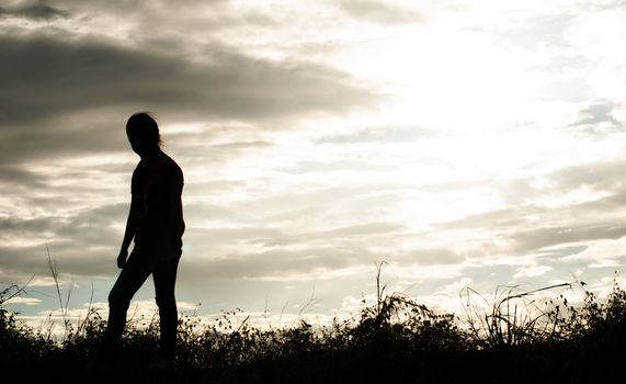 Shadow of a girl showing signs glad to see the sun, sky, nature