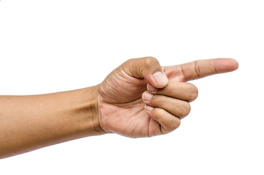 Hand gesture pointing finger on a white background.