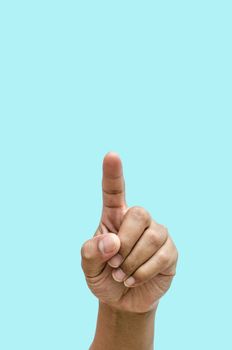 hand gesture pointing finger on blue background