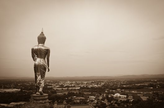 Golden Buddha standing on a mountain Wat Khao Noi, Nan, Thailand, surrounded by natural beauty.