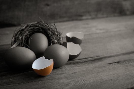 egg shell and eggs on the wooden - still life