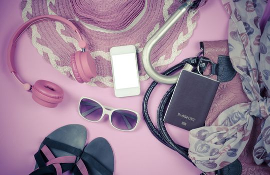 Travel accessories, bags, scarves, umbrellas, wallets headphones. Vodafone Passport smart shoes ready for the trip.